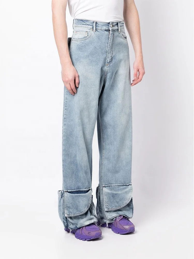 Streetwear Multiple Pockets on Bottom of Leg Straight Cargo Denim Pants Women Middle Waist Loose Baggy Jeans