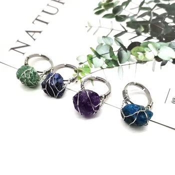 Natural Raw Healing Crystal Quartz Gemstone Ring Statement Copper Wire Wrapped Irregular Crystal Adjustalbe Ring Jewelry