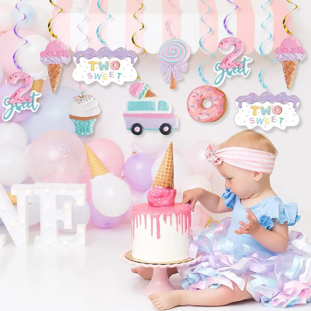 Two Sweet Baby Second Birthday Party Ice Cream Theme Decorations Macaron Balloons Banner Cupcake Toppers