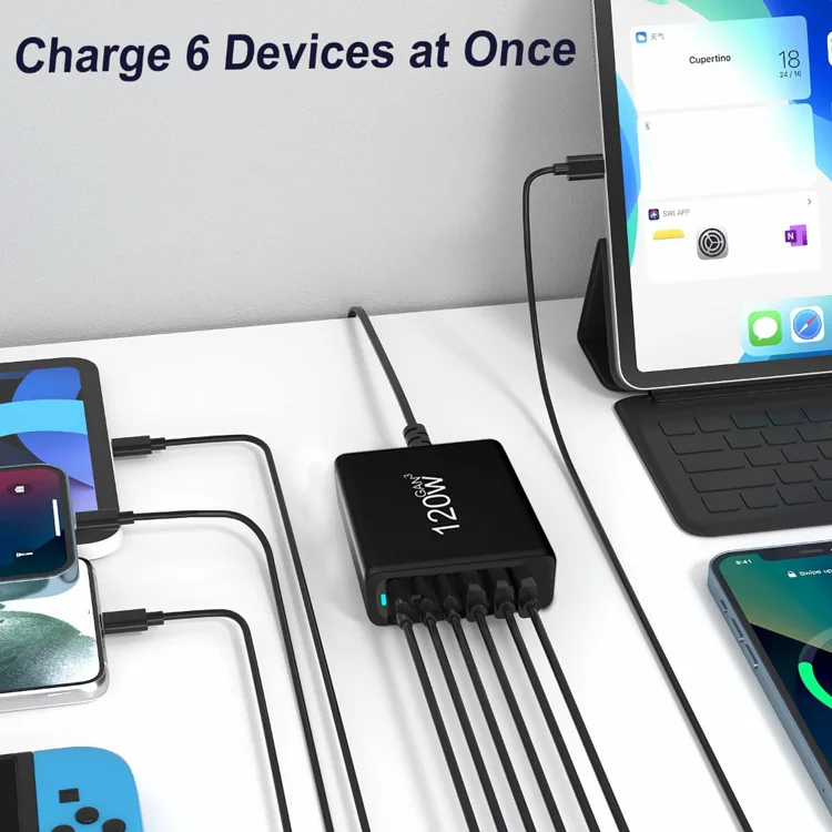 Gan 120w Usb C Charging Station With Phone Fast Charger 6 Port Type C