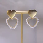 Pearl Heart Earrings 14k Gold Freshwater Natural Pearl Double Heart Brushed Jewelry Earrings