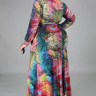 Long 2021 European And American Printed Long Sleeve V-neck Women's Beach Leaves Fat Sister Plus Size Dress