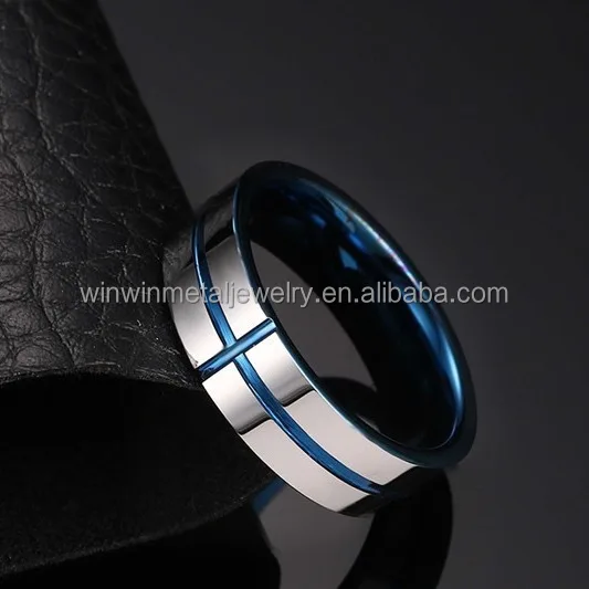 Blue 6mm Grooved Cross Tungsten Wedding Band Ring for Men & Women Trendy Comfort Fit