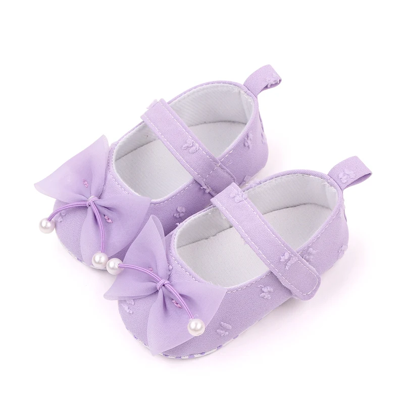 New Solid Color Pearl Yarn Bow Soft Soled Non-slip Princess Toddler Shoes for Baby Girls factory