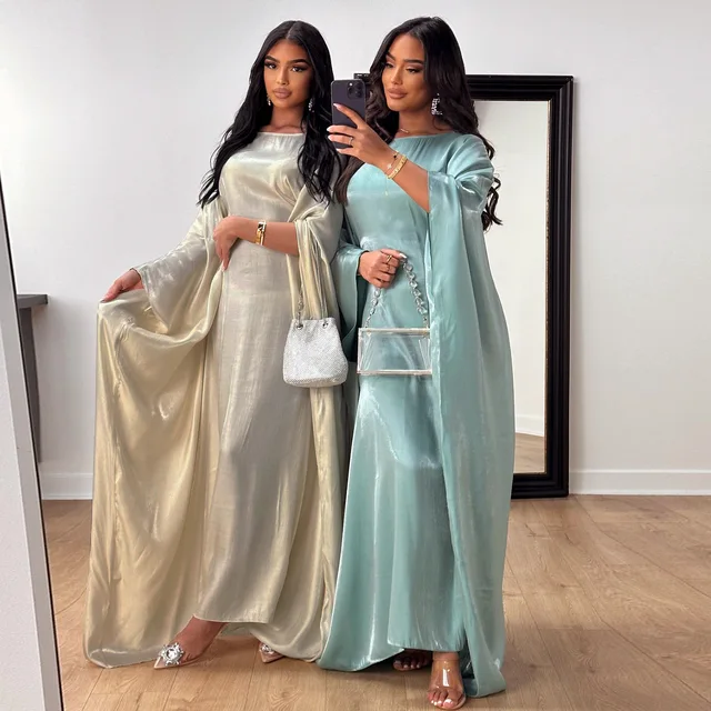 Wholesale EID Ramadan Modest Turkey Islamic Waisted Batwing Sleeve Abaya Shining Sparkly Satin Women Muslim Dress Dubai Abaya
