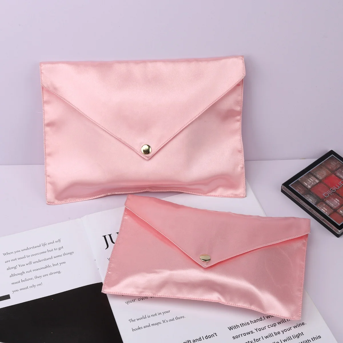 High End Envelope Satin Packing Bag With Gold Push-Button Custom Logo Satin Envelope Wallet Cloth Handbag Dust Bag
