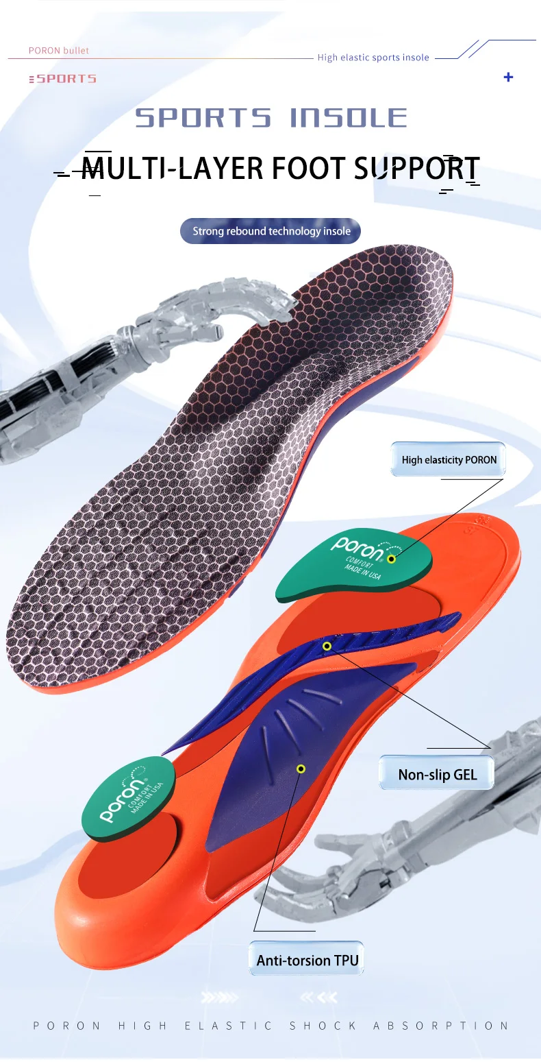 High Elastic Poron Torsion-Resistant Sports Insoles with Arch Support High Elastic Poron Torsion-Resistant Sports Insoles with Arch Support