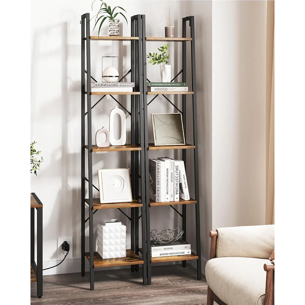 Modern 5-Tier Freestanding Corner Storage Bookshelf Industrial Design Oak Ladder Shelf with 2 Hooks factory