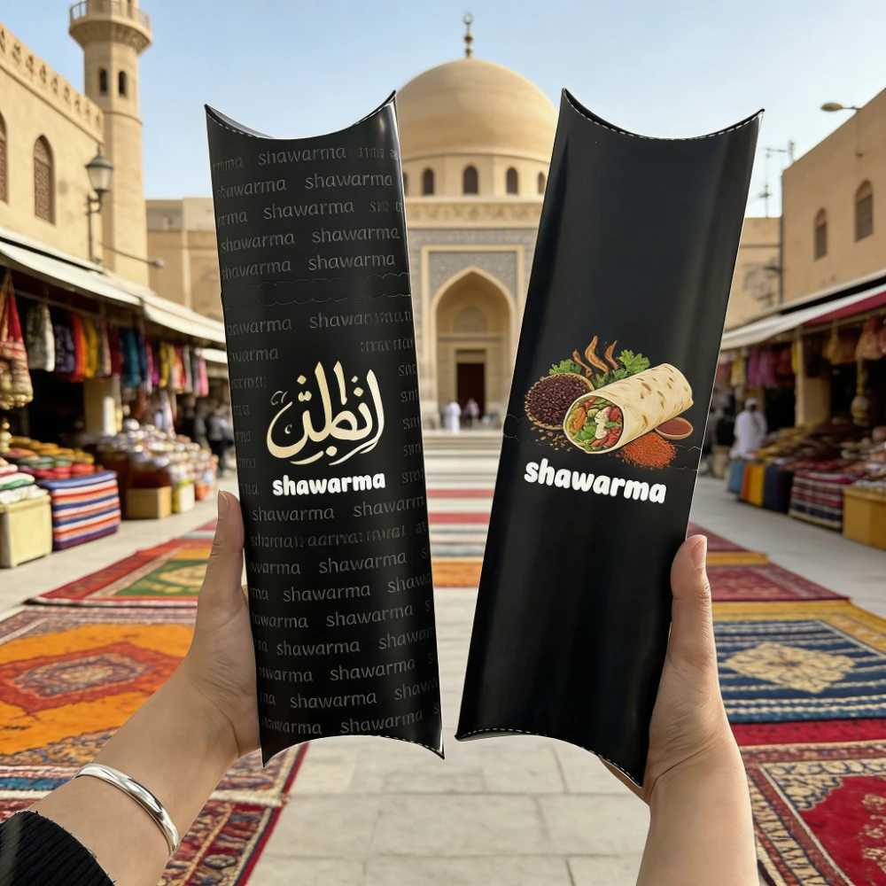 Vlastní logo Tištěné Arabština Halal Restaurace Gril Zabalení Tarna Shawarma Přihrádka Box Kebab Polštář Box Papírové balení
