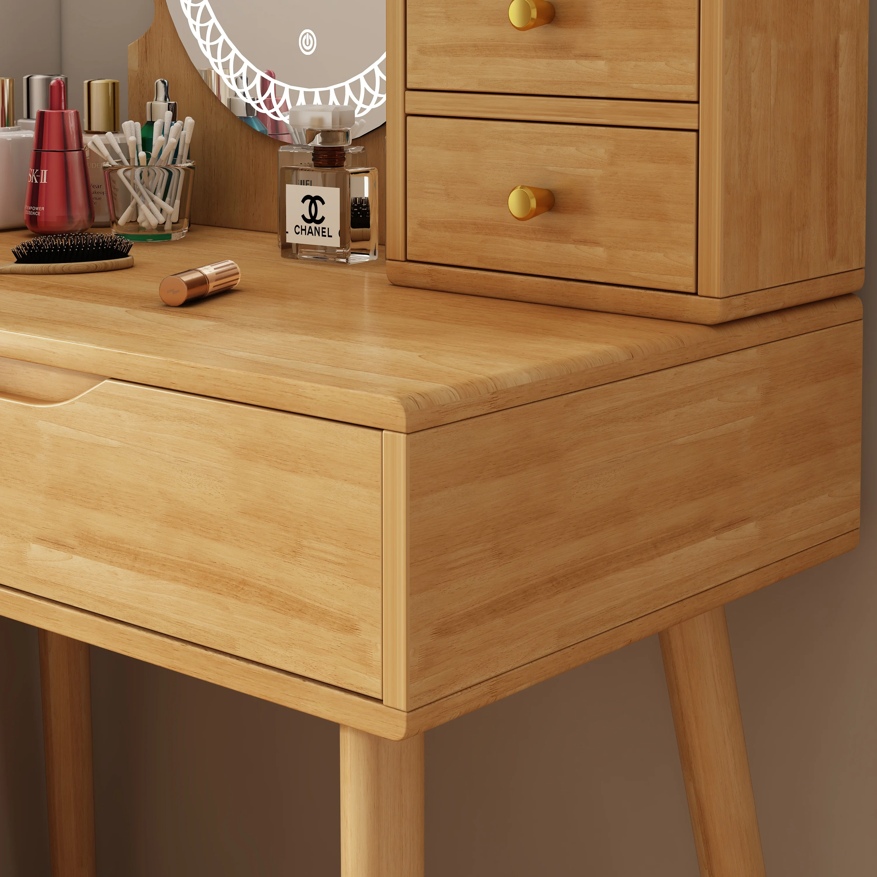 Wooden Oak Walnut Makeup Vanity Table with Round LED Lighted Mirror and Lots Storage for Girls Women Bedroom Studio.