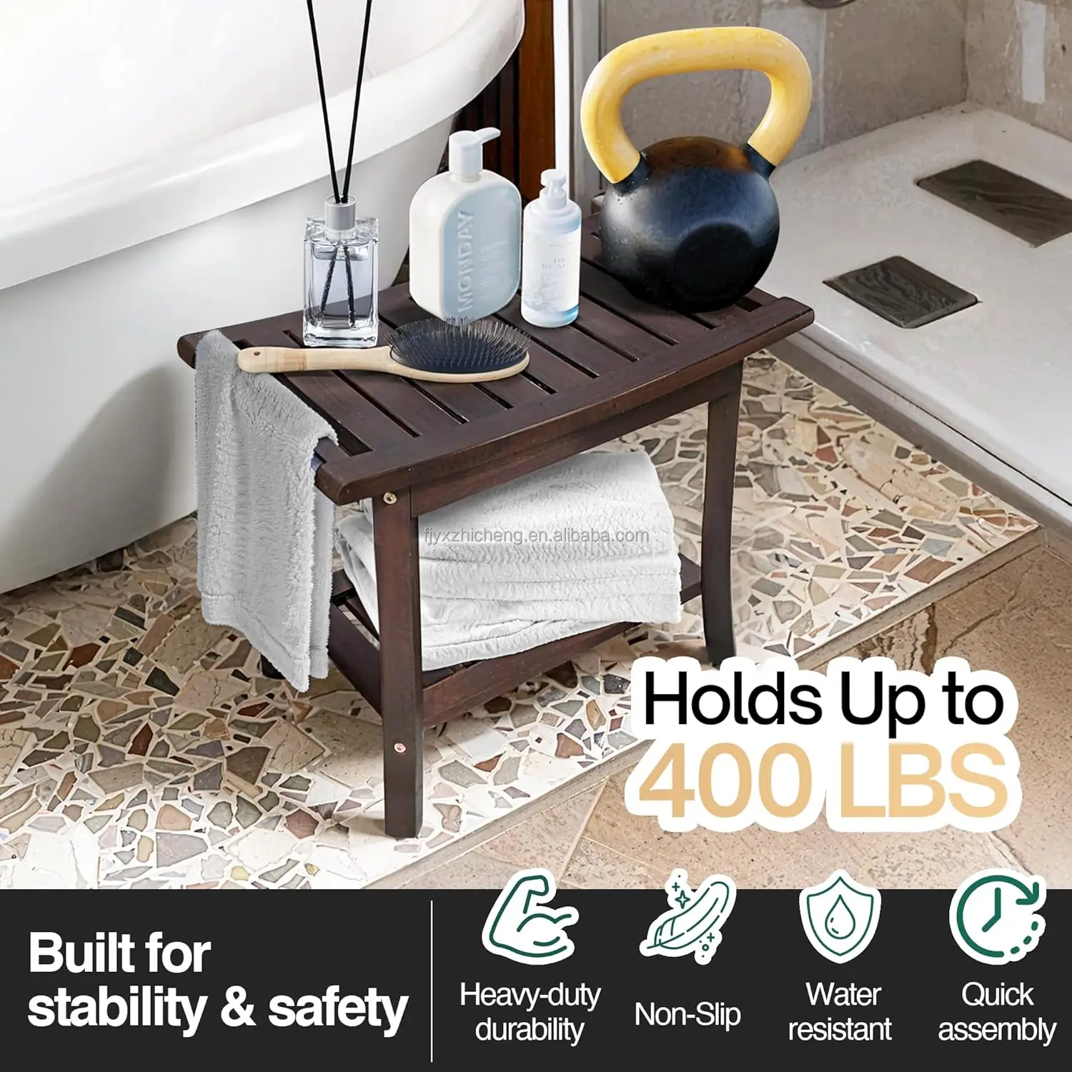 product durable non slip foot stool sealed wooden seat storage shelf home use shower chair bench bathroom furniture-3