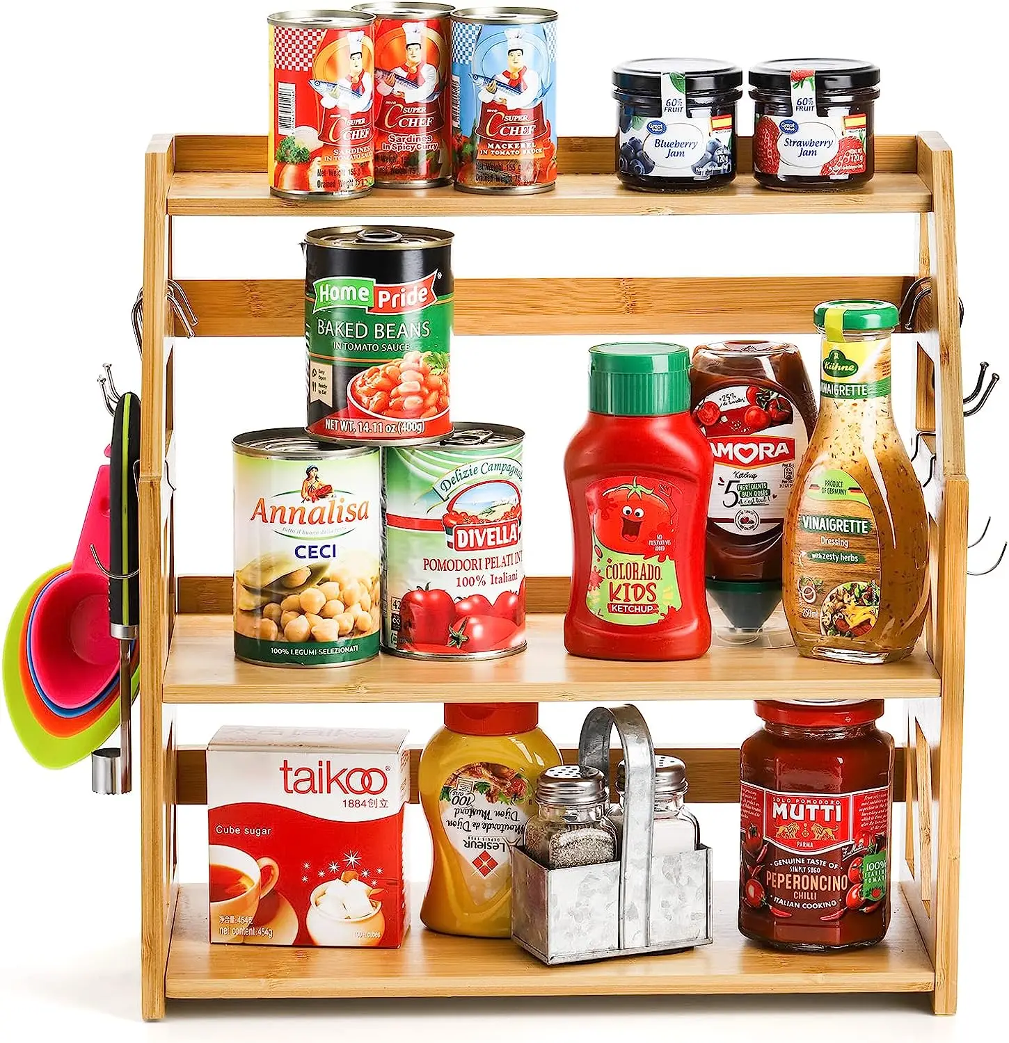 product 3 level bambu spice storage rack foldable and multifunctional food container for kitchen counter garage sundries storage-5