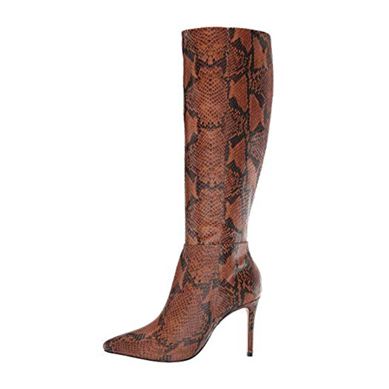 brown snake print knee high boots