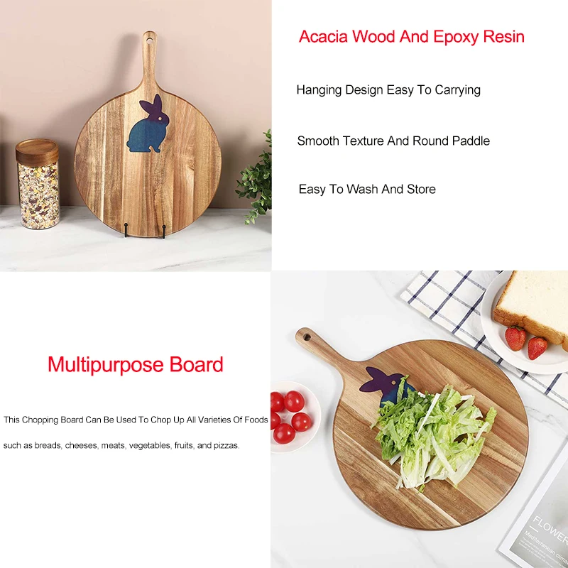 Custom Resin Rabbit Design Acacia Wood Round Cutting Board With Handle Pizza Tray Serving Board