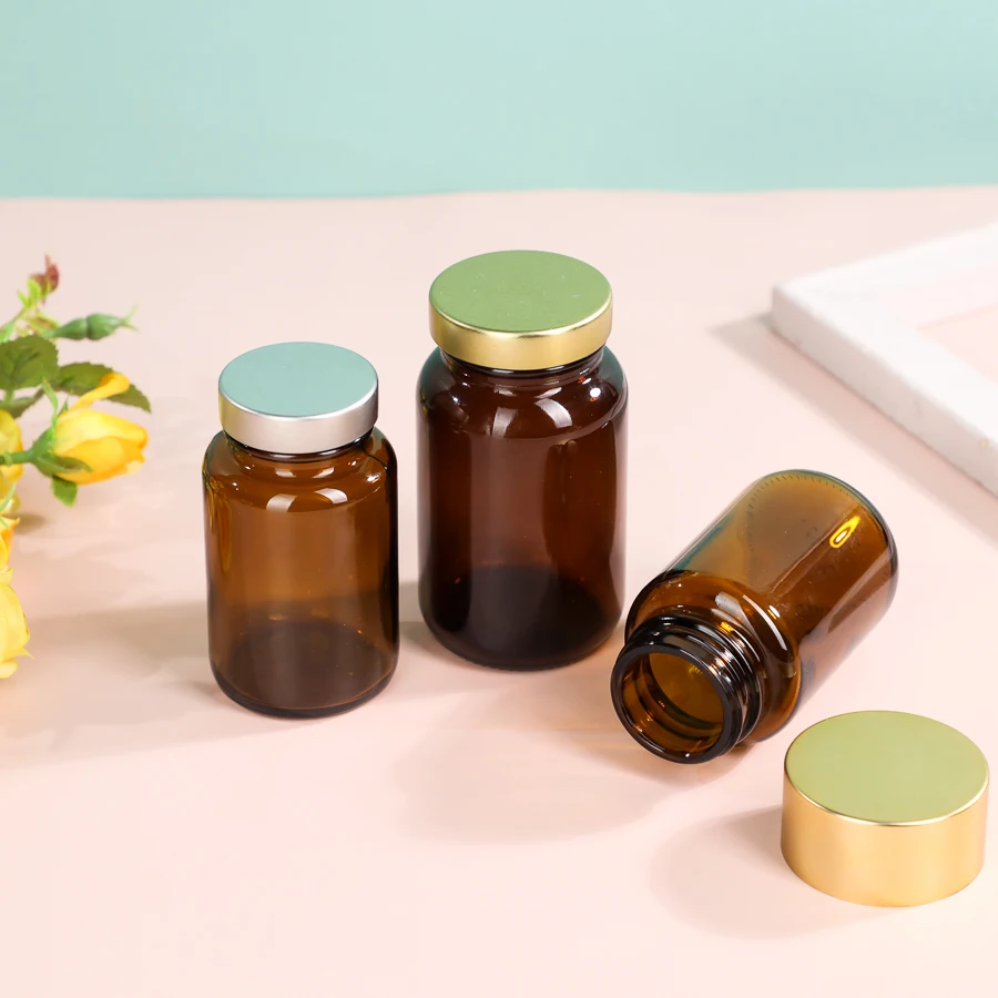 Stocked 100cc 150cc Glass Bottle Brown Amber Glass Jar For Healthcare Supplement with silver or gold caps