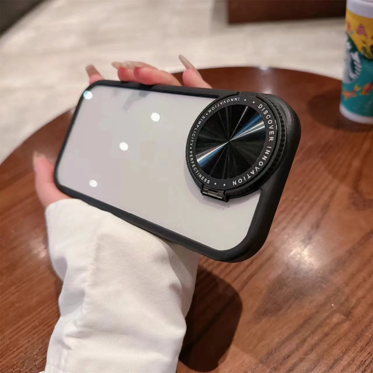 High Transparent Acrylic Durable Anti Fingerprint Lens Cap Holder Bracket Built-in Makeup Mirror Mobile Phone Case
