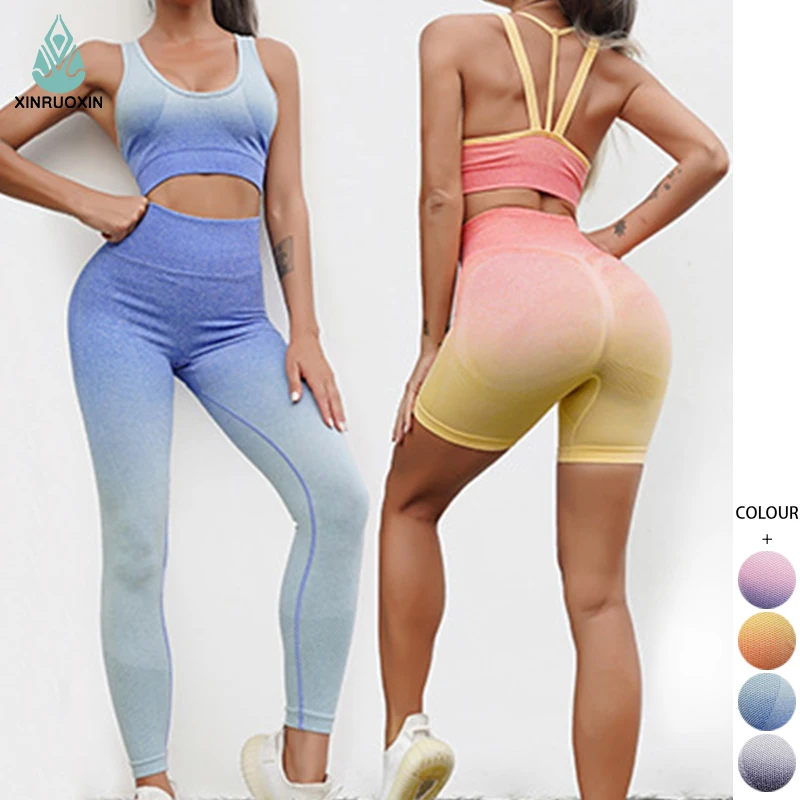 Fashion Gradient Seamless Yoga Set for Women 3 Piece Gradient Sportswear Outdoor Running Breathable Sports Yoga Set