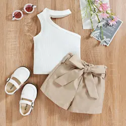 2023 Boutique One Shoulder White T-Shirt Shorts Little Girls Summer Clothes Sets Sleeveless Tanks Waist Belt 2 Piece Outfits
