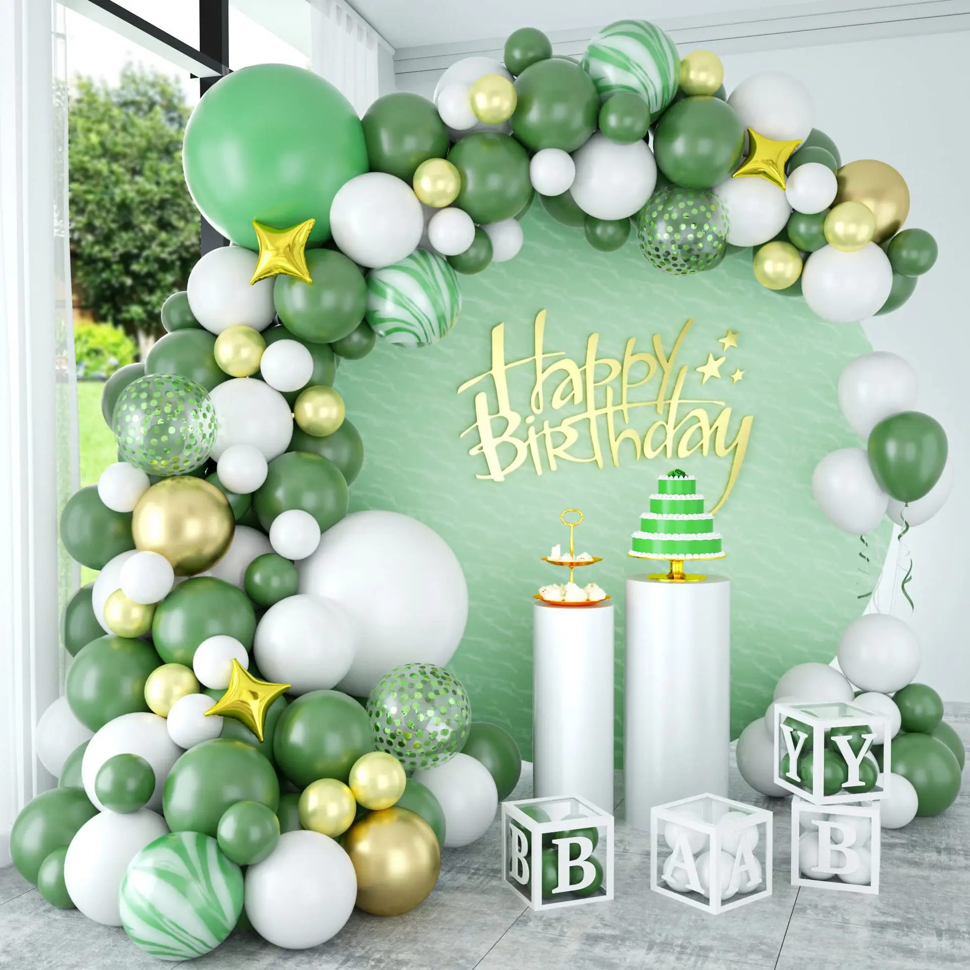 Vintage Green Balloon Chain Set Forest Stars Wedding Party Birthday Arch Latex Foil Balloon Color Balloons