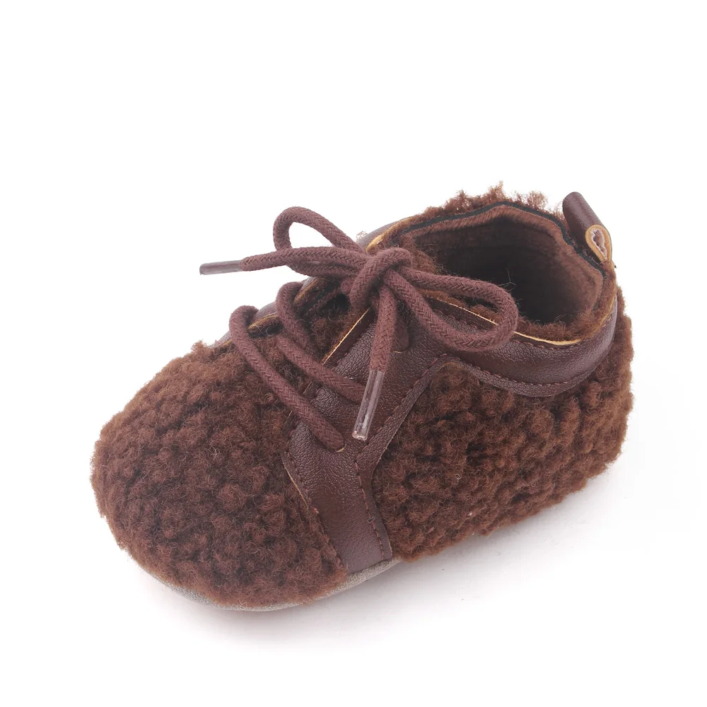 PU Leather Solid Color Plush Front Lacing Cute Warm Baby Soft Soled Toddler Cotton Shoes factory