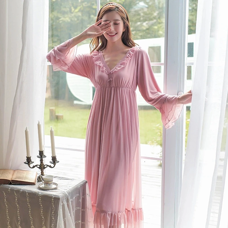 Long Sleeve Mesh Modal Long Nightdress 