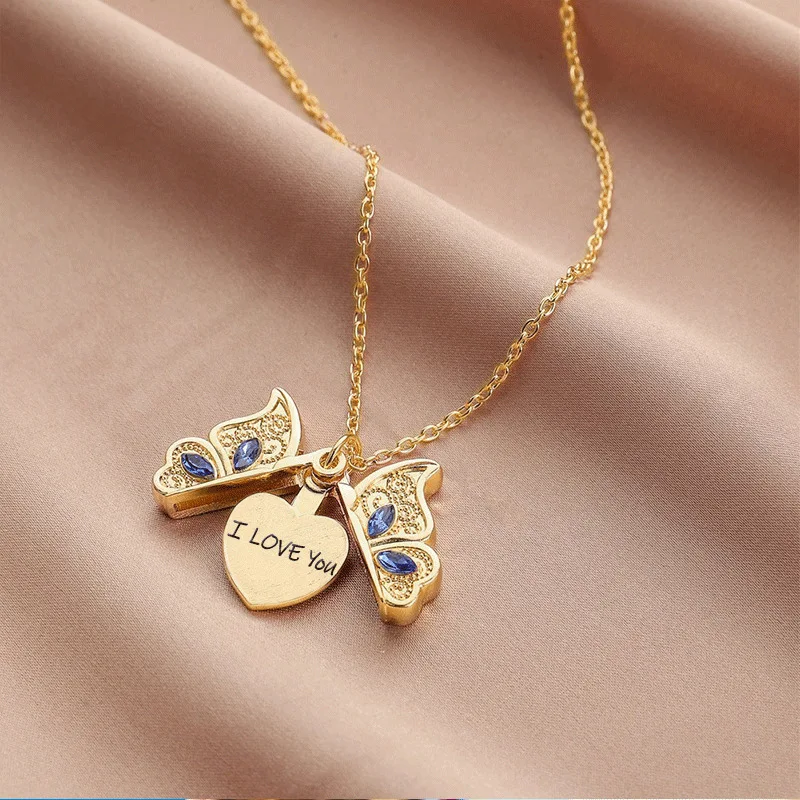 New Women's Butterfly I Love You Love Album Box Pendant Necklace