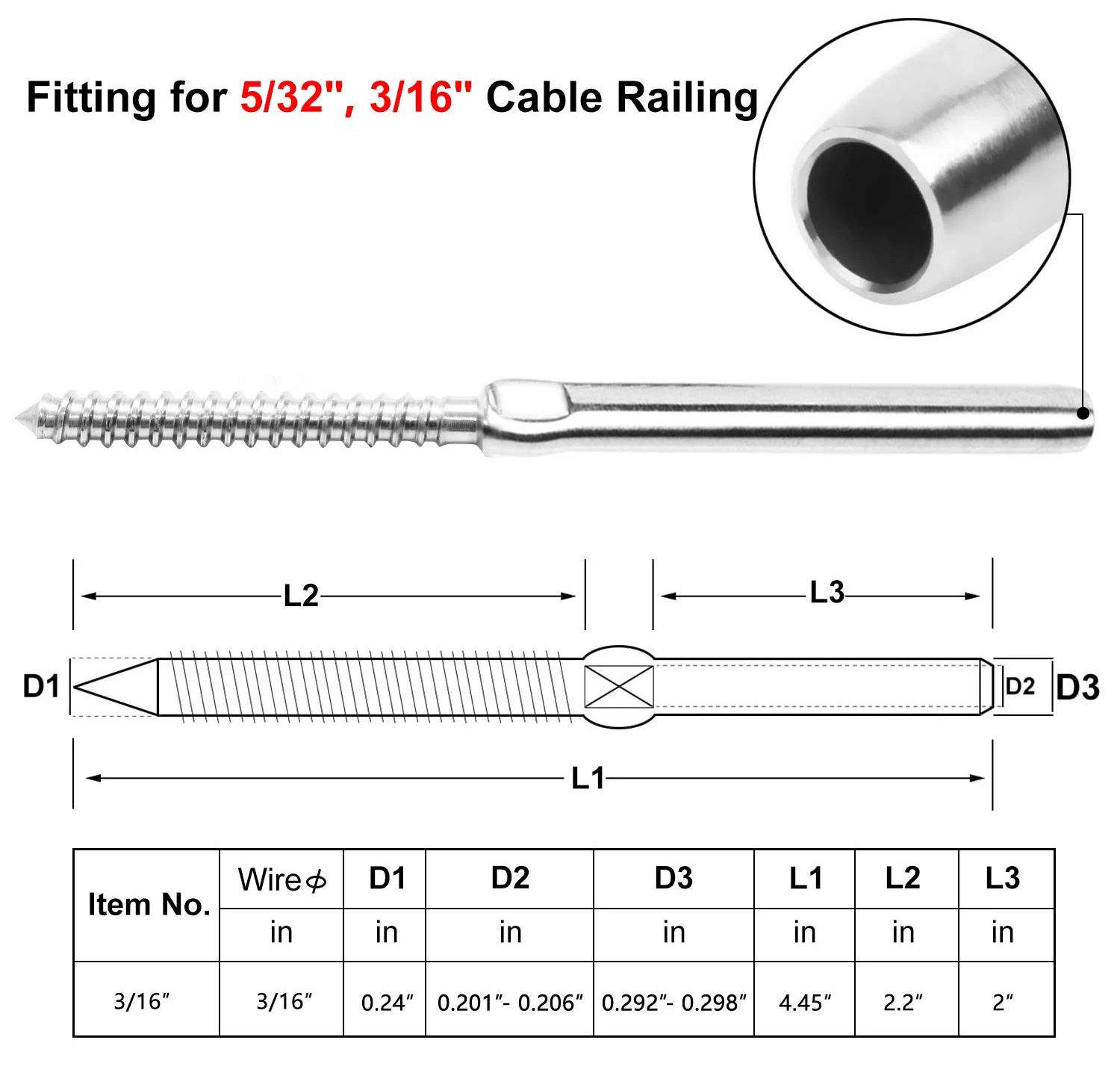 T316 Stainless Steel Cable Railing Hardware with Waterproof Rust-proof Swage Lag Screws Suitable for 3/16-inch Cables