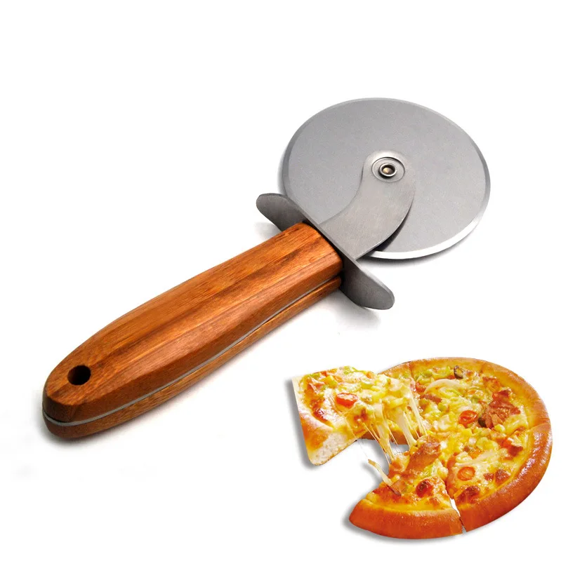 Single Wheel Pizza Cutter with Wooden Handle Metal Cake Roller Cutter Baking Tool for Pizza & Cake