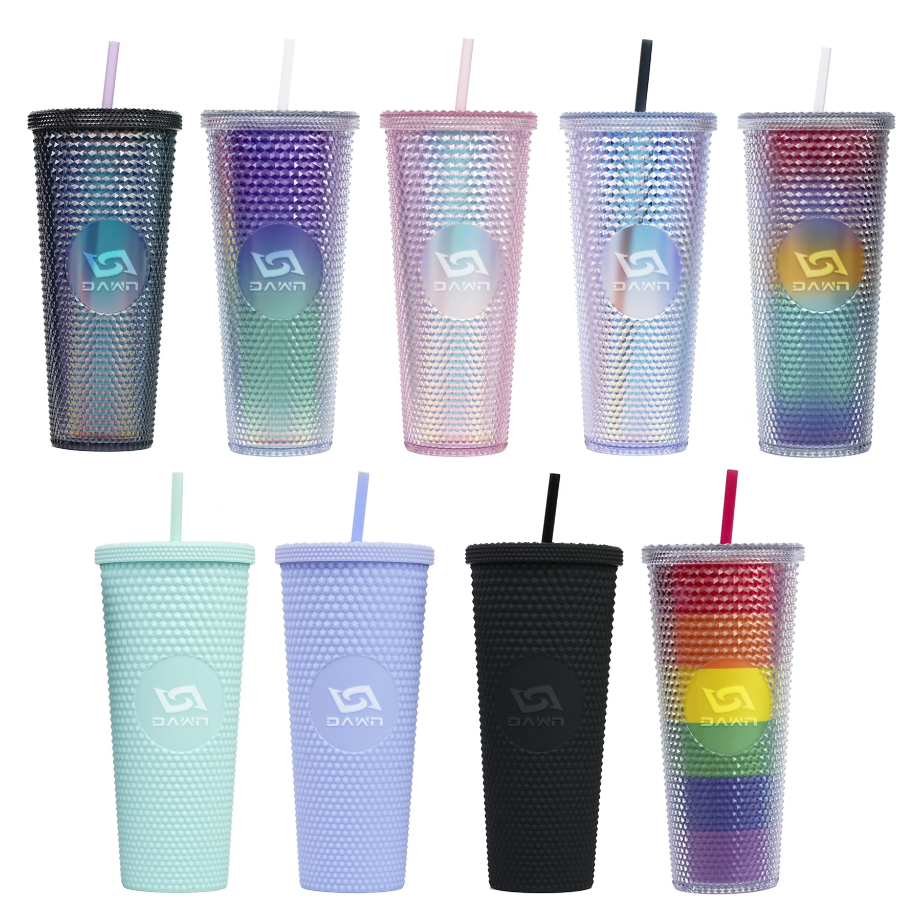 2023 NEW Hot DIY 16oz 24oz Cold Coffee Mug Double Wall Plastic Iridescent Matte Studded Cups Tumbler with Straw Lid