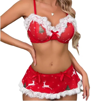 New Arrival 2024 Sexi Fancy Dress Christmas Lingerie Sets Ruffles Nipple Cover Bra Set Christmas Mini Skirt For Women Set