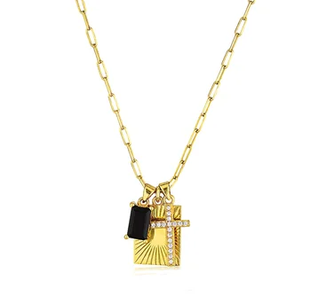 Vintage Jewelry 18k Gold Stainless Steel Cnc Stone Cross Pendant Square Sun Necklace Hypoallergenic Black Onyx Charm Necklace