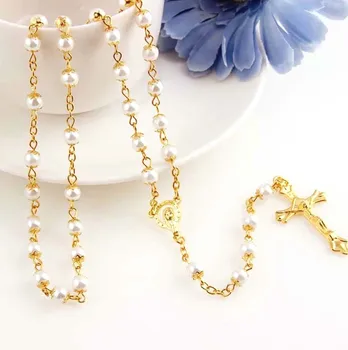 Cross-border hot selling pure handmade golden necklace cross rosary pearl necklace wholesale rosary popular
