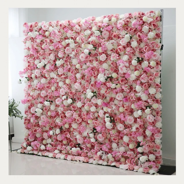 High Quality Factory Sale Silk Flowers Artificial Rose 5D 3D Pink Roll Up Fabric Flower Wall Wedding Decoration Rose Panel