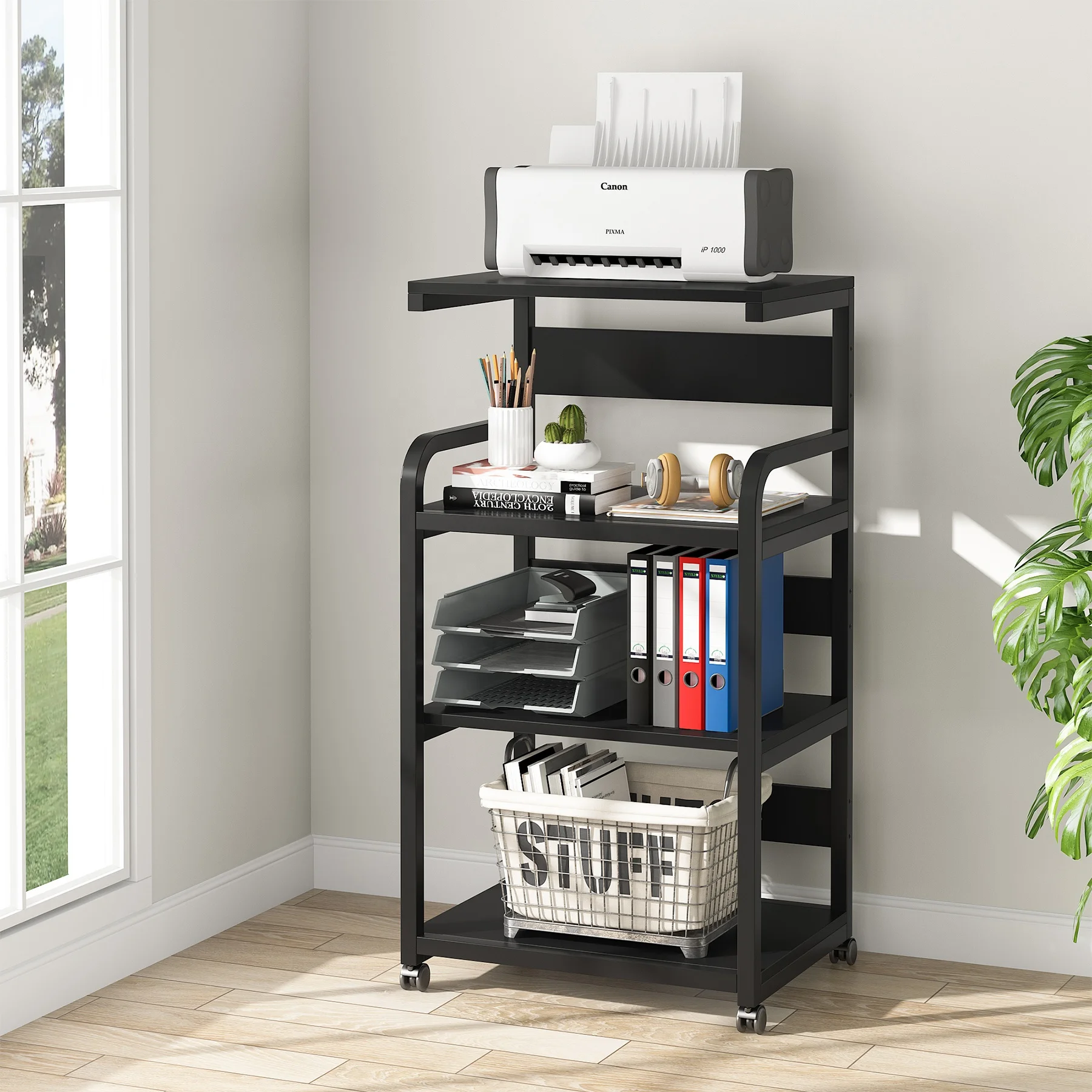 Tribesigns Large Modern Printer Cart 4-Shelf Mobile Printer Stand with Storage Shelves for Home Office