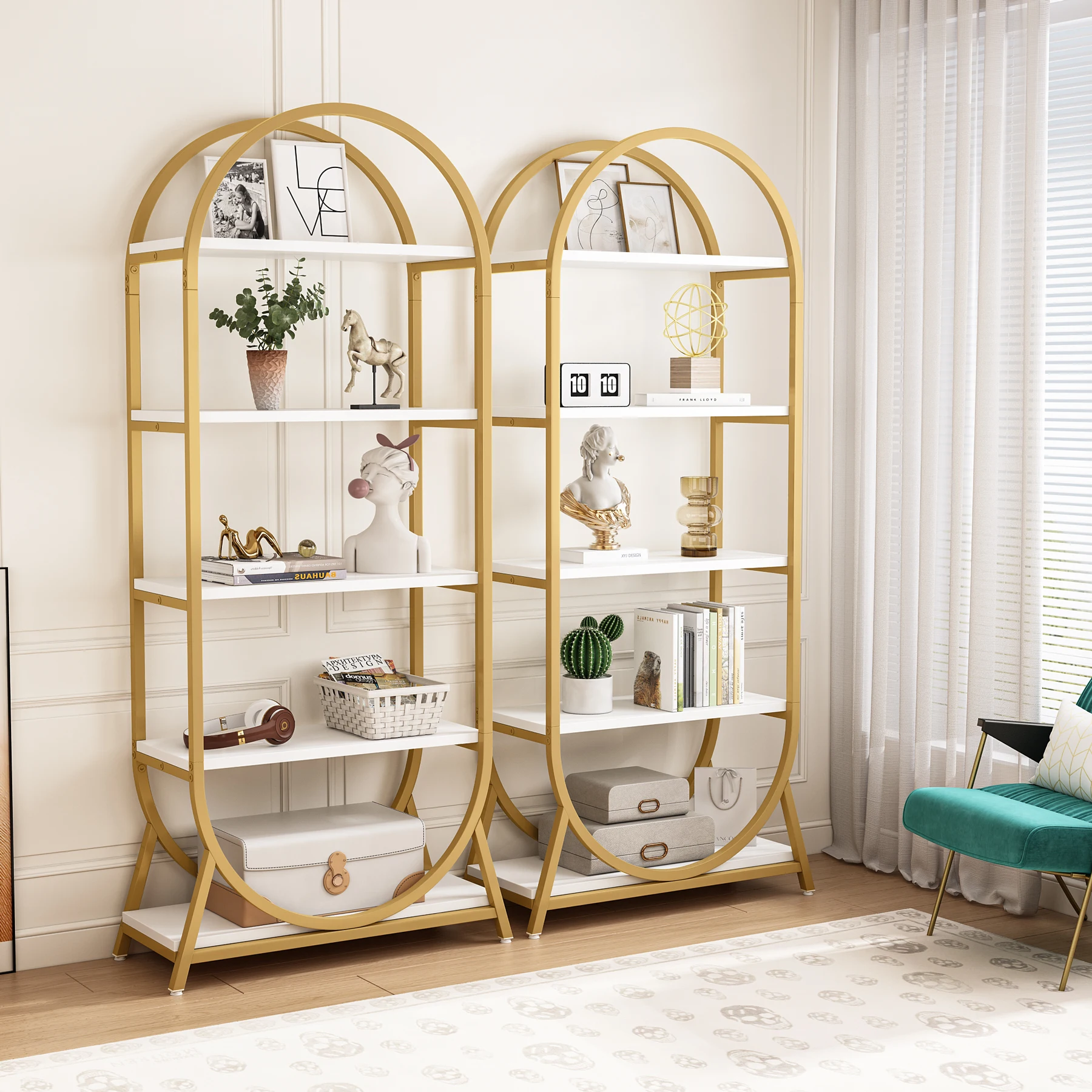 Home Decor Study Room 5 Layers Golden Luxury Movable Round Bookshelf
