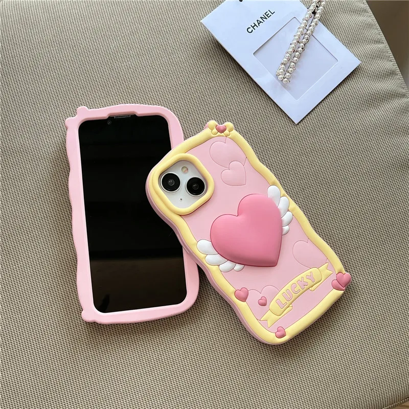 3D Lucky Love Wings Cream Shell Mobile Back Cover Silicone Cartoon Phone Case for Apple iPhone 15 14 13 12 pro max 11