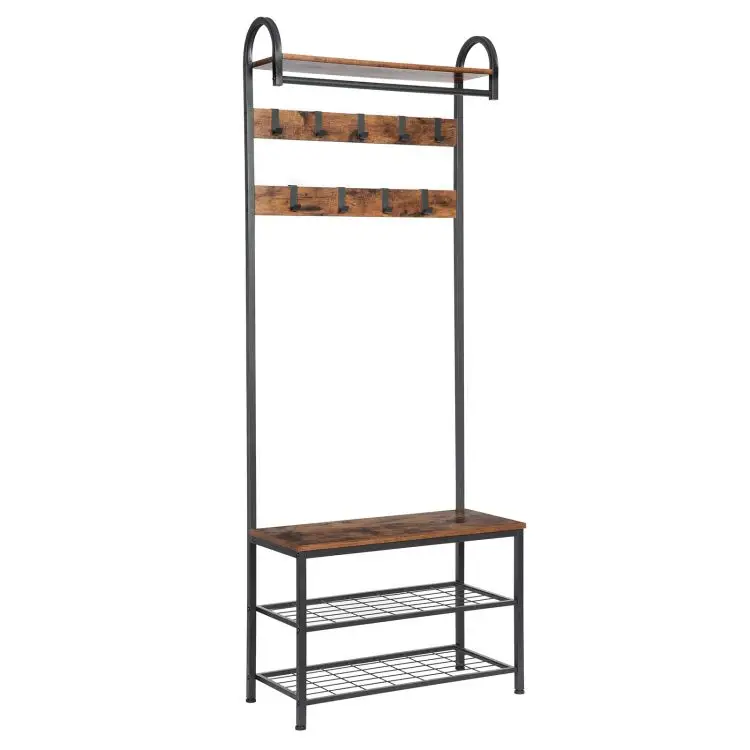 Wholesale Hall Tree with Shoe Bench and Coat Hooks Industrial Style Shoe Storage Clothes Organizer All-in-one