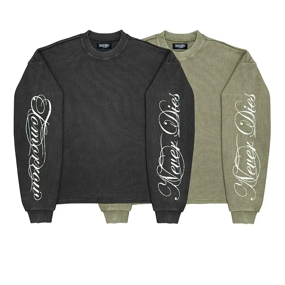 product custom true classic waffle weave crewneck graphic tee top screen printed heavy cotton boxy t shirt long sleeve-1