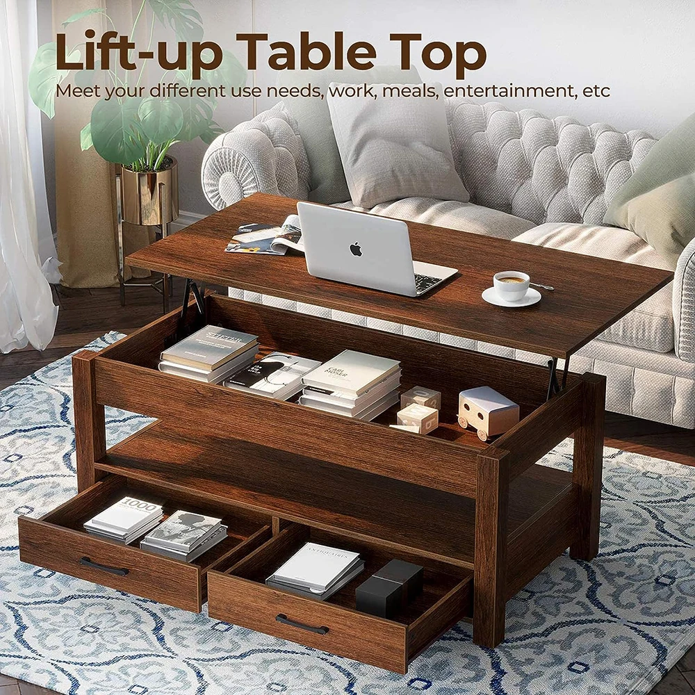 Modern Espresso Wooden Lift Top Coffee Table with Drawers and Hidden Compartment Retro Center Table with Wooden Lift Tabletop details