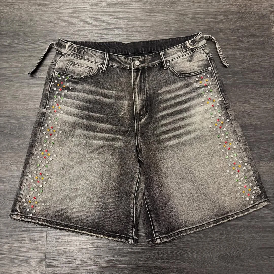 product high end custom street color rhinestone dtg digital print denim shorts hotfix rhinestone embroidery men retro washed shorts-1