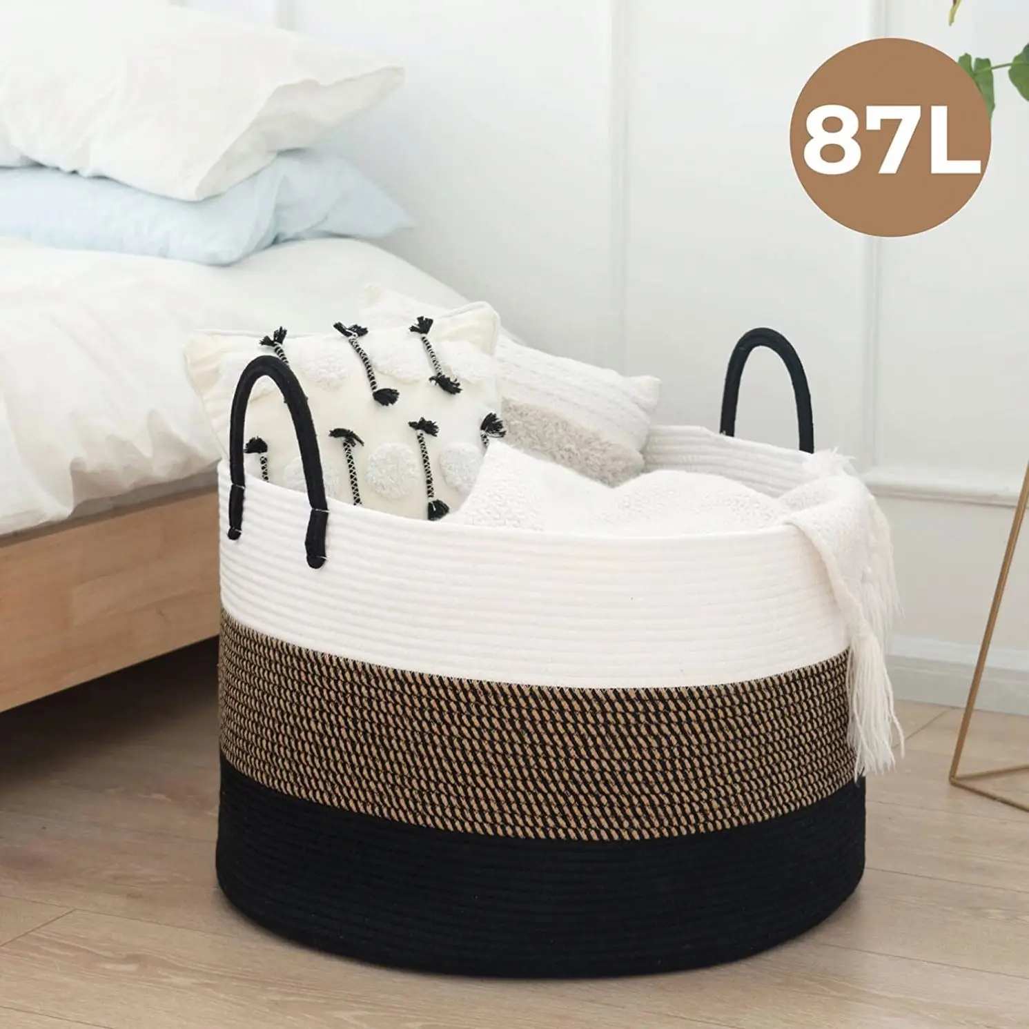 Customized Color Round Shape Woven Rope Basket with Handles Blanket Living Room Baby Toy Nursery Storage Large Round Laundry