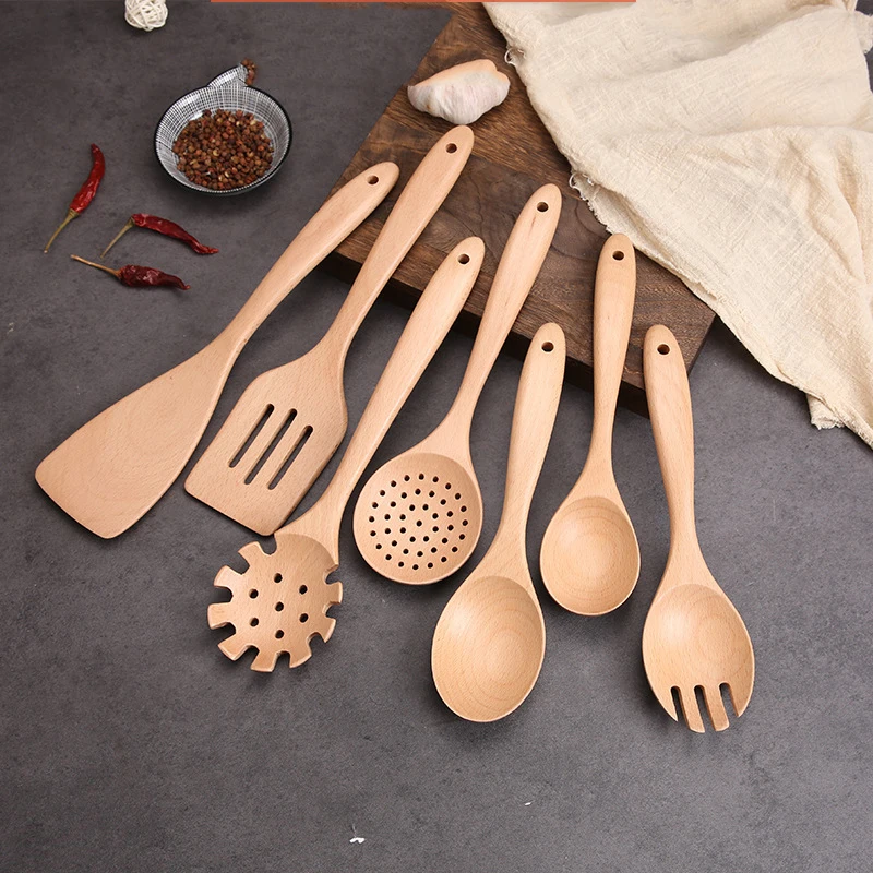 Wooden Spoons for Cooking Nonstick Wood Kitchen Utensil Cooking Spoons Natural Wood Kitchen Utensils Set Of 7 PCS