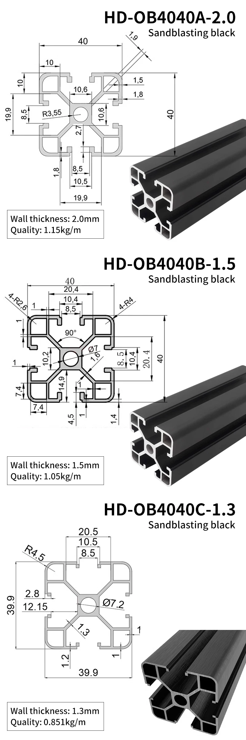 4040 Black Extruded Aluminum Profile 4040 Equipment Rack 2.0mm Thick Aluminum Alloy Profile manufacture