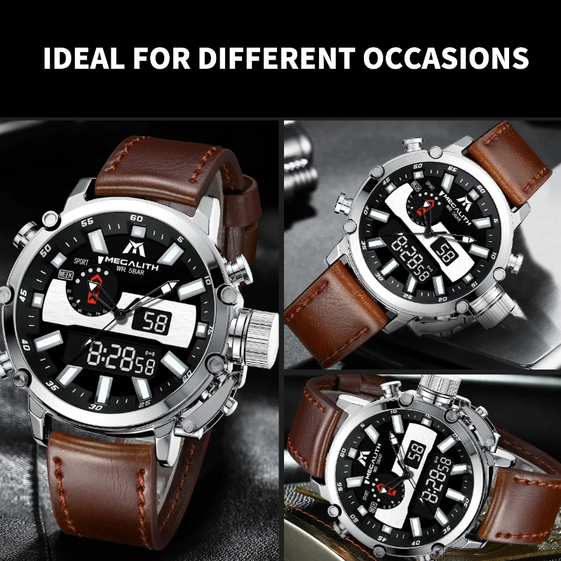 Megalith 8229 Luxury Waterproof Leather Quartz Dual Display Waterproof