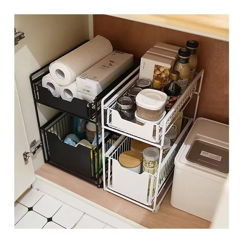 Wholesale bathroom kitchen storage rack pull-out cabinet metal wire basket sliding metal sink under organizer