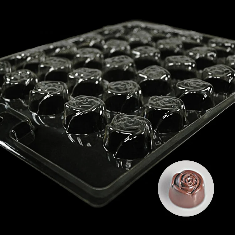 Christmas custom baking pastry candy 30 cavity non stick 3d rose flower shape plastic polycarbonate chocolate mold