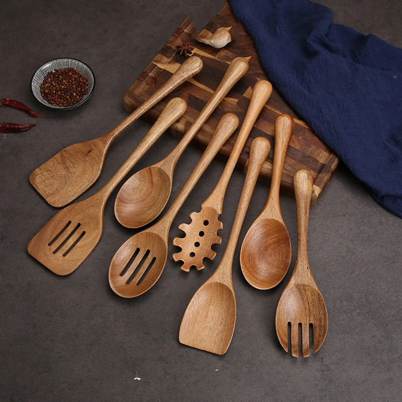 Wooden Spoons for Cooking Nonstick Wood Kitchen Utensil Cooking Spoons Natural Teak Kitchen Utensils Set Of 8PCS