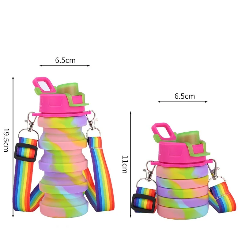 Rainbow Folding Silicone Cup Outdoor Sports Travel Kettle Water Bottles portable with handle