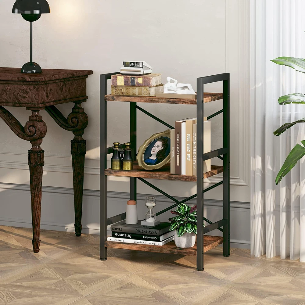 product 3 tier wooden industrial bookcase rustic etagere book shelf storage organizer living room bedroom home office hotel rustic-5