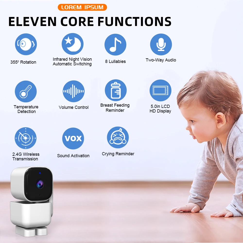 New Baby monitor camera 5 Inch 720P Night Vision Cry sound Feeding Reminder Temperature Detection 5000mah Battery Baby Monitor